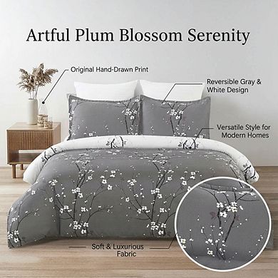 Reversible Floral Duvet Cover Queen, Brushed Microfiber Grey/White Plum Blossom