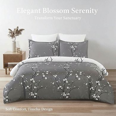 Reversible Floral Duvet Cover Queen, Brushed Microfiber Grey/White Plum Blossom