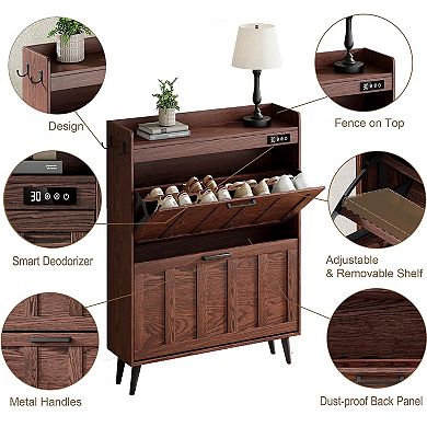 Farmhouse Deodorizing Shoe Cabinet with 2 Flip Drawers for Entryway