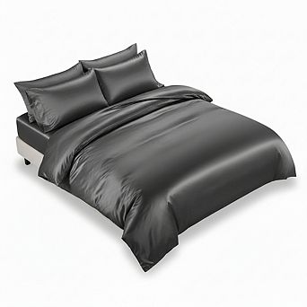 Queen Satin Duvet Cover Set 3 pc Dark Grey Luxury Silky & Reversible