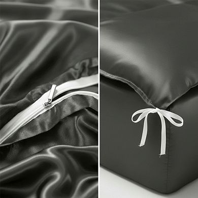 Queen Satin Duvet Cover Set 3pc, Dark Grey Luxury Silky & Reversible