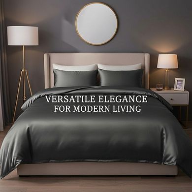 Queen Satin Duvet Cover Set 3pc, Dark Grey Luxury Silky & Reversible