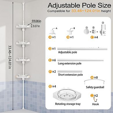 360 Rotating Shower Caddy Tension Pole with 4 Tier Adjustable Shelves