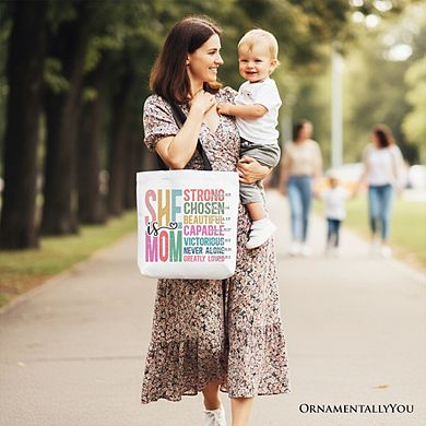 Inspirational Christian Mom Canvas Tote Bag, Affirmation Gift Shopper for Strong Mothers