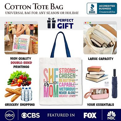 Inspirational Christian Mom Canvas Tote Bag, Affirmation Gift Shopper for Strong Mothers