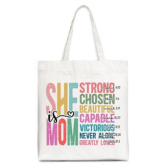 Inspirational Christian Mom Canvas Tote Bag, Affirmation Gift Shopper for Strong Mothers