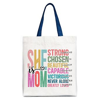 Inspirational Christian Mom Canvas Tote Bag, Affirmation Gift Shopper for Strong Mothers