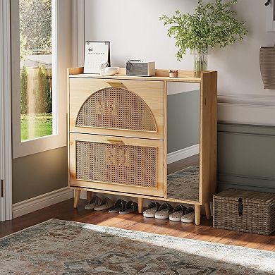 Freestanding Rattan Shoe Cabinet with Mirror and Flip Drawers