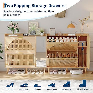 Freestanding Rattan Shoe Cabinet with Mirror and Flip Drawers