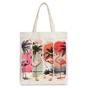 Summer Flamingo Beach Canvas Tote Bag, Retro Vacation Tropical Sunset Gift Shopper