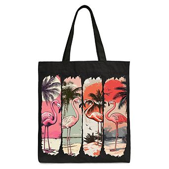 Summer Flamingo Beach Canvas Tote Bag, Retro Vacation Tropical Sunset Gift Shopper