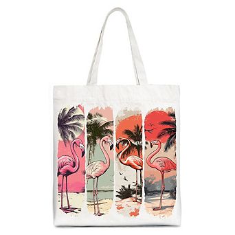 Summer Flamingo Beach Canvas Tote Bag, Retro Vacation Tropical Sunset Gift Shopper
