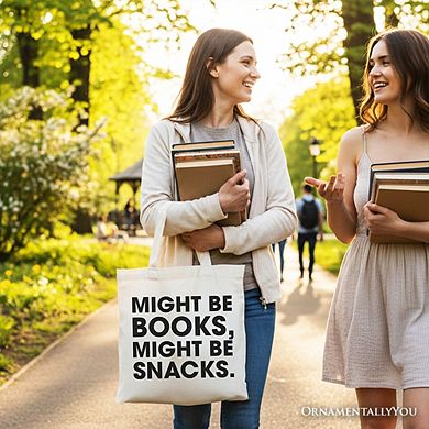 Might Be Books Might be Snacks Canvas Tote Bag, Minimalist Gift Shopper for Bookworms