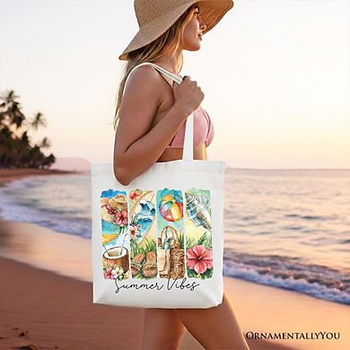 Summer Vibes Canvas Tote Bag, Beach Gift Shopper with Coconut and Flowers