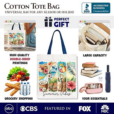 Summer Vibes Canvas Tote Bag, Beach Gift Shopper with Coconut and Flowers