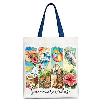 Summer Vibes Canvas Tote Bag, Beach Gift Shopper with Coconut and Flowers