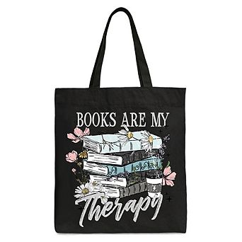 Books Are My Therapy Floral Vintage Canvas Tote Bag, Reading Aesthetic Gift Shopper for Bookworms