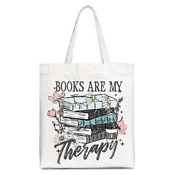 Books Are My Therapy Floral Vintage Canvas Tote Bag, Reading Aesthetic Gift Shopper for Bookworms