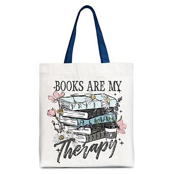 Books Are My Therapy Floral Vintage Canvas Tote Bag, Reading Aesthetic Gift Shopper for Bookworms