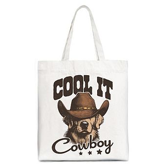Cool It Cowboy Canvas Tote Bag, Retro Golden Retriever Gift Shopper for Country Lover