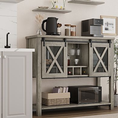 Farmhouse Bar Cabinet with Wine Glass Rack and Sliding Barn Door Storage