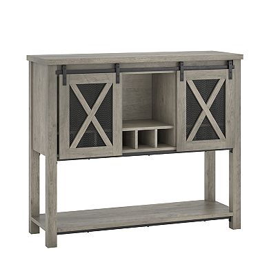 Farmhouse Bar Cabinet with Wine Glass Rack and Sliding Barn Door Storage