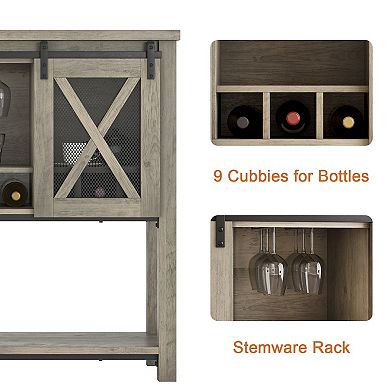 Farmhouse Bar Cabinet with Wine Glass Rack and Sliding Barn Door Storage