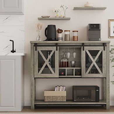 Farmhouse Bar Cabinet with Wine Glass Rack and Sliding Barn Door Storage