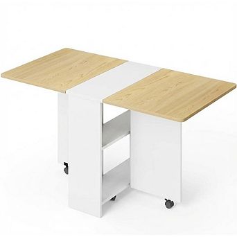Drop Leaf Folding Dining Table with 2 Storage Shelves and Wheels