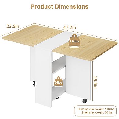 Drop Leaf Folding Dining Table with 2 Storage Shelves and Wheels