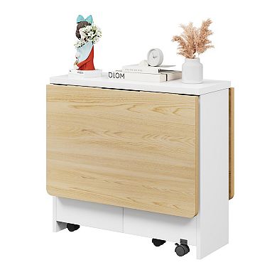 Drop Leaf Folding Dining Table with 2 Storage Shelves and Wheels