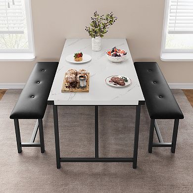 Farmhouse Kitchen Dining Table Set with 2 Upholstered Benches