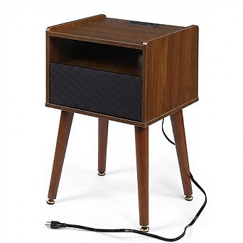 Mid Century Modern Nightstand with Charging Station and Drawer