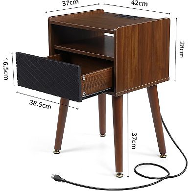 Mid Century Modern Nightstand with Charging Station and Drawer