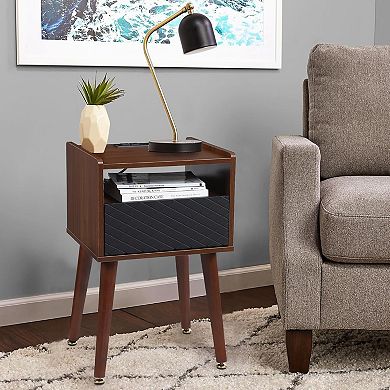 Mid Century Modern Nightstand with Charging Station and Drawer