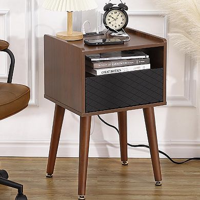 Mid Century Modern Nightstand with Charging Station and Drawer