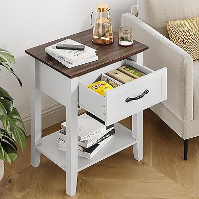 Farmhouse Wood Nightstand Side Table with Storage Drawer