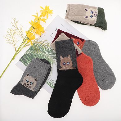 Women's Retro Cat Pattern Winter Warm Socks Multicolor 5 Pair