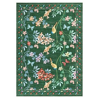 Vintage Floral Bird Print Area Rug Machine Washable Non-Slip Rug Living Room Bedroom Carpet