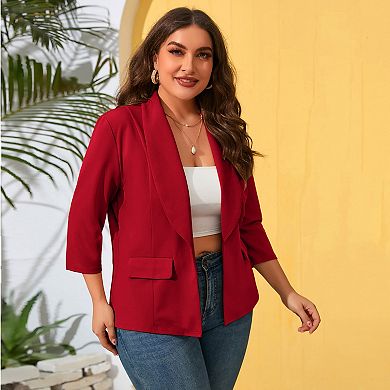 Plus Size Women's Casual Blazer 3/4 Sleeve Open Front Cardigan Jacket with Pockets