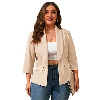 Plus Size Women's Casual Blazer 3/4 Sleeve Open Front Cardigan Jacket with Pockets
