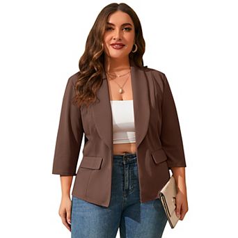 Plus Size Women's Casual Blazer 3/4 Sleeve Open Front Cardigan Jacket with Pockets