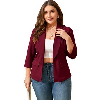 Plus Size Women's Casual Blazer 3/4 Sleeve Open Front Cardigan Jacket with Pockets