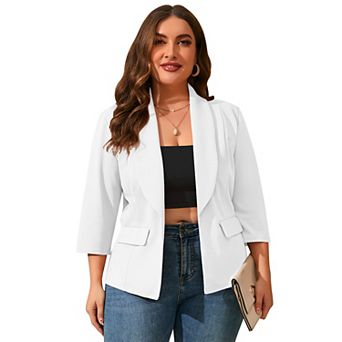 Plus Size Women's Casual Blazer 3/4 Sleeve Open Front Cardigan Jacket with Pockets