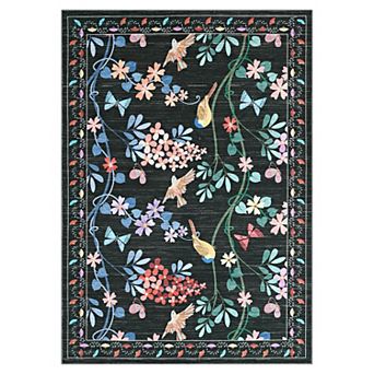 Vintage Floral Bird Print Area Rug Machine Washable Non-Slip Rug Living Room Bedroom Carpet