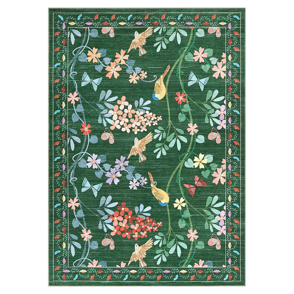 Vintage Floral Bird Print Area Rug Machine Washable Non-Slip Rug