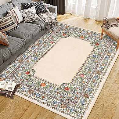 Vintage Elegant Border Pattern Area Rug, Machine Washable Non-Slip Rug Living Room Carpet