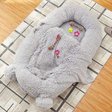 71"x45"x12" Human Size Dog Bed with Blanket - Removable Washable Cover,2 Side Pockets & Carry Handle