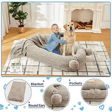 71"x45"x12" Human Size Dog Bed with Blanket - Removable Washable Cover,2 Side Pockets & Carry Handle