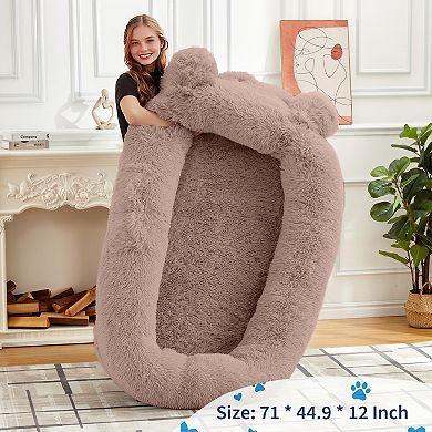 71"x45"x12" Human Size Dog Bed with Blanket - Removable Washable Cover,2 Side Pockets & Carry Handle